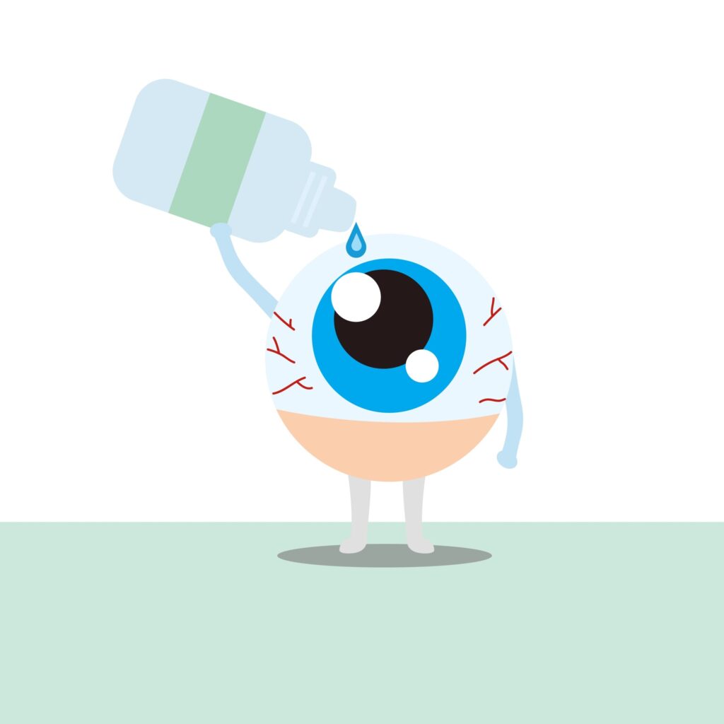 Illustration of anthropomorphized eyeball hydrating itself with giant bottle of eyedrops to counter dry eye symptoms.