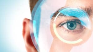 A close-up shot of a blue eye