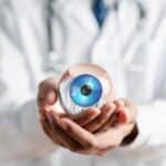 An ophthalmologist holding a model of an eye